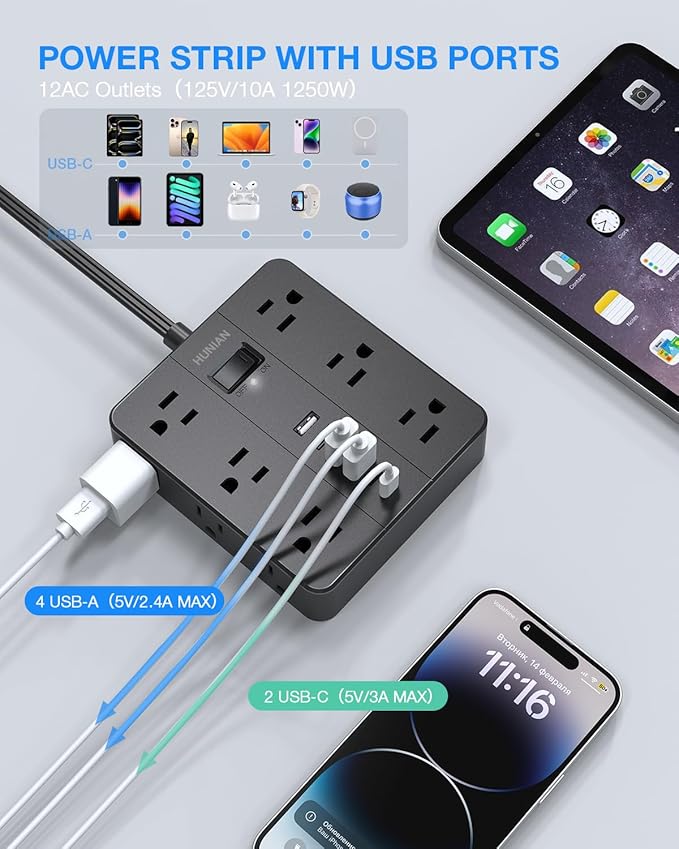 Flat Plug Surge Protector Power Strip, HUNIAN 12 Widely Spaced Outlets with 6 USB Charger (2 USB C Ports), 10 Ft Extension Cord Desk Charging Station for Home Office Supplies, Dorm Room, Black
