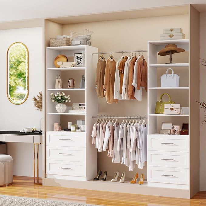Closet System with Drawers, Wood Closet Organizer System with Adjustable Shelves and Extra Hanging Rod, 81"Tall Closet System for Small Closets, Modular Walk-in Closet System, White (2FT)
