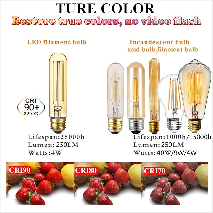 LiteHistory Dimmable T10 LED Bulb 4W Equal E26 Edison Bulb 40 Watt AC120V Tubular Light Bulb Warm White 2200K Amber 250lm E26 LED Bulb for Rustic Pendant,Chandeliers,Wall sconces E26 Light Bulbs 6Pack