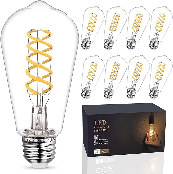 8 Pack 60 Watt Equivalent, E26 LED Filament Light Bulbs, Neutral White 4000K, Dimmable, Antique Filament Decorative Light Bulbs, ST19/ST58 LED Edison Bulb with 80+ CRI