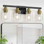 Bathroom Vanity Light, 4-Light Black and Gold Bathroom Light Fixtures with Clear Glass Shade, Bathroom Lighting Fixtures Over Mirror,Bath Black Wall Lights for Mirror Bedroom,Living Room