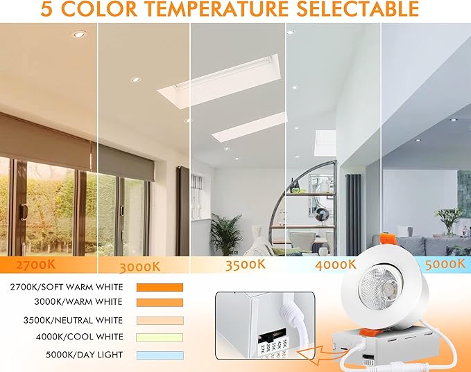 CLOUDY BAY 3 Inch 5CCT LED Eyeball Recessed Light,Dimmable Swivel Adjustable Downlight, 2700K/3000K/3500K/4000K/5000K Selectable,8W,Airtight,ETL,FCC,Pack of 6