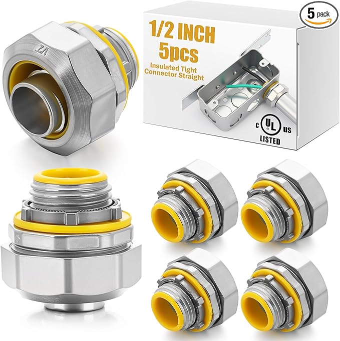 Gisafai 5 pcs Liquid Tight Connector Straight Insulated Zinc Die Cast Metal Tight Electrical Conduit Fittings for 1/2 inch Flexible and Type B Flexible