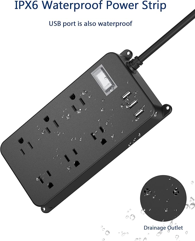 Outdoor Power Strip Weatherproof with USB,Waterproof Surge Protector,3 USB Ports, 6 Outlets,Multi Plug Electrical Outlet for Camping,Garden,Home Office Patio Porch,etc,15FT Cord,Flat Plug