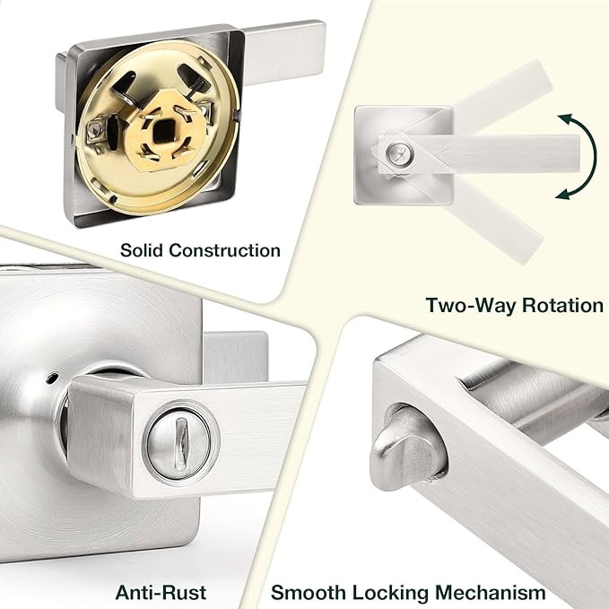 GOBEKOR 10 Pack Privacy Door Levers Keyless Bedroom Door Handle with Lock Brushed Nickel Interior Door Handles Square Door Lock Straight Lever