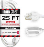 Iron Forge Cable Weatherproof 25 Ft Outdoor Extension Cord - 14/3 SJTW Heavy Duty White Extension Cord 3 Prong - 15 Amp Exterior Power Cable