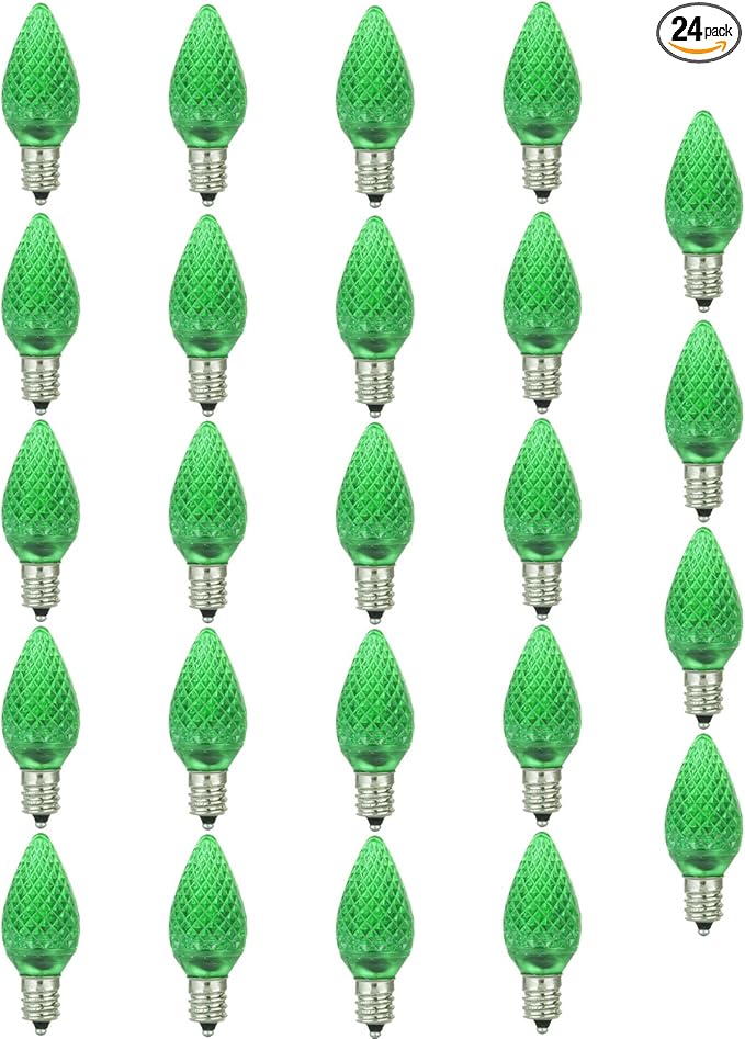 Sunlite 40459 LED C7 Holiday Decorative Light Bulb, 0.4 Watts, E12 Candelabra Base, Faceted Christmas-Lights; Nightlight, Green 24 Count