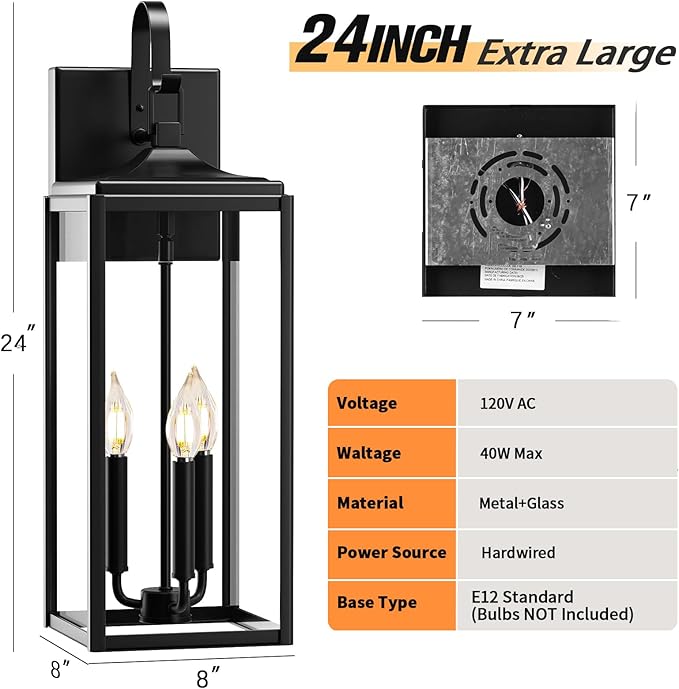 24" Extra Large Outdoor Wall Light 2 Packs, Black Exterior Lighting Fixtures Outdoor Porch Lantern Wall Mounted, Waterproof Modern Outside Wall Sconce, E12 3-Light Coach Lamp for House Patio Garage