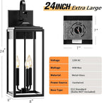 24" Extra Large Outdoor Wall Light 2 Packs, Black Exterior Lighting Fixtures Outdoor Porch Lantern Wall Mounted, Waterproof Modern Outside Wall Sconce, E12 3-Light Coach Lamp for House Patio Garage