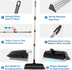 ITTAR Scrub Brush with Long Handle, 10" Wide Stiff Bristles Deck Brush, Heavy-Duty Floor Cleaning Brush, 2-in-1 Scrubber Squeegee Broom for Cleaning Patio, Pool, Kitchen, Garage, Bathroom Floor-Black