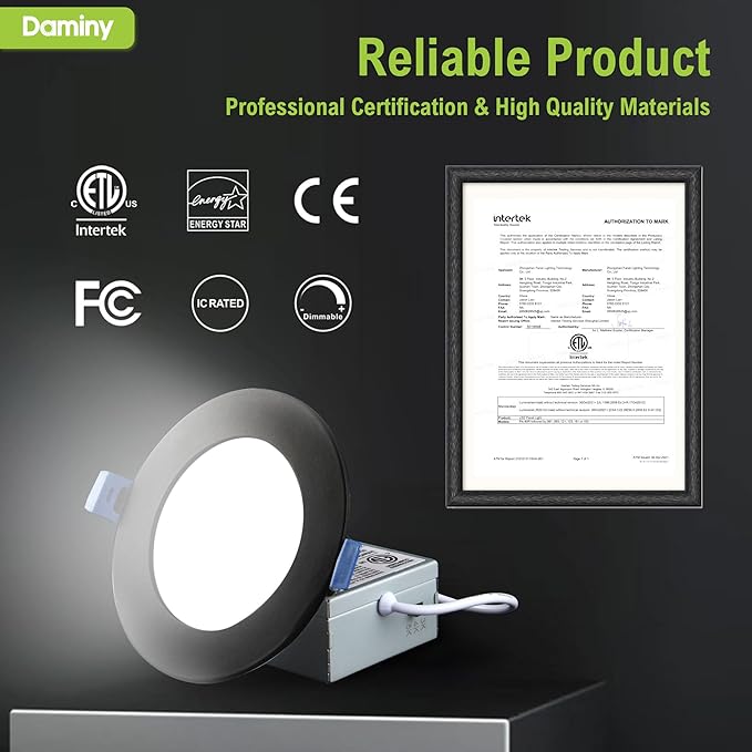 DAMINY 6 Pack 6 Inch Black LED Recessed Lighting with Junction Box,5CCT,Ultra-Thin Recessed Light,10W 1100lm, Dimmable Canless Wafer Ceiling Light,High Brightness - ETL