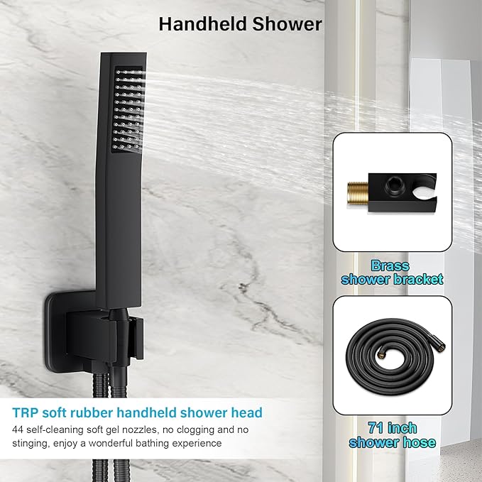 Black Shower Faucet Set, Rainfall Shower System with Square Shower Head and Handle Set, Wall Mounted Shower Fixtures, Full Metal Trim Repair Kit 10 inch Matte Black (With Shower Valve)
