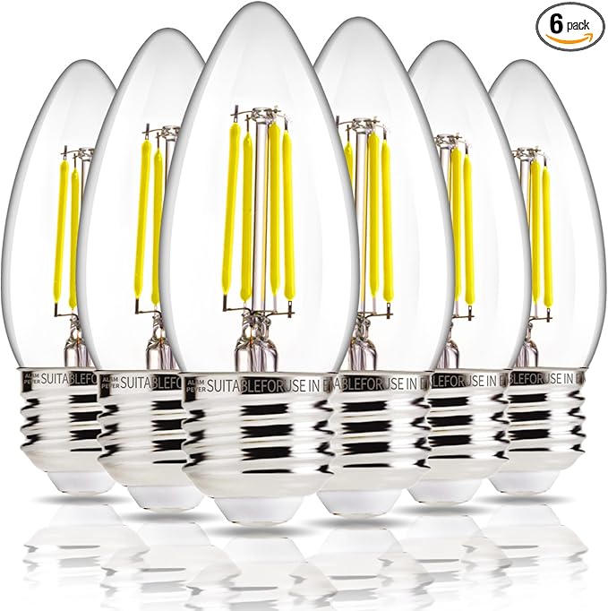 ALAMPEVER Dimmable 6-Pack B11 Candelabra LED Light Bulb, 60W LED Chandelier Light Bulb, E26 Base, 5000K Daylight, 550LM