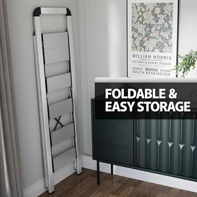 KINGRACK Aluminium 5 Step Ladder, Lightweight Step Stool with Non-Skid Pedals, Handrail, Foldable Step Ladder for Kitchen, Garage, Home, Space Saving, Sturdy and Portable, Silver