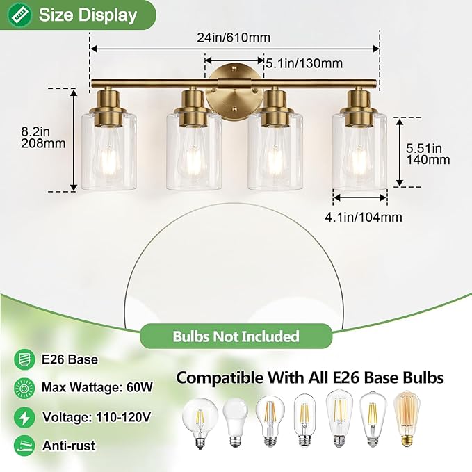 4-Light Bathroom Light Fixtures, Brushed Brass Modern Vanity Lights with Cyan Glass Shades, Bathroom Wall Lamp for Mirror Kitchen Living Room