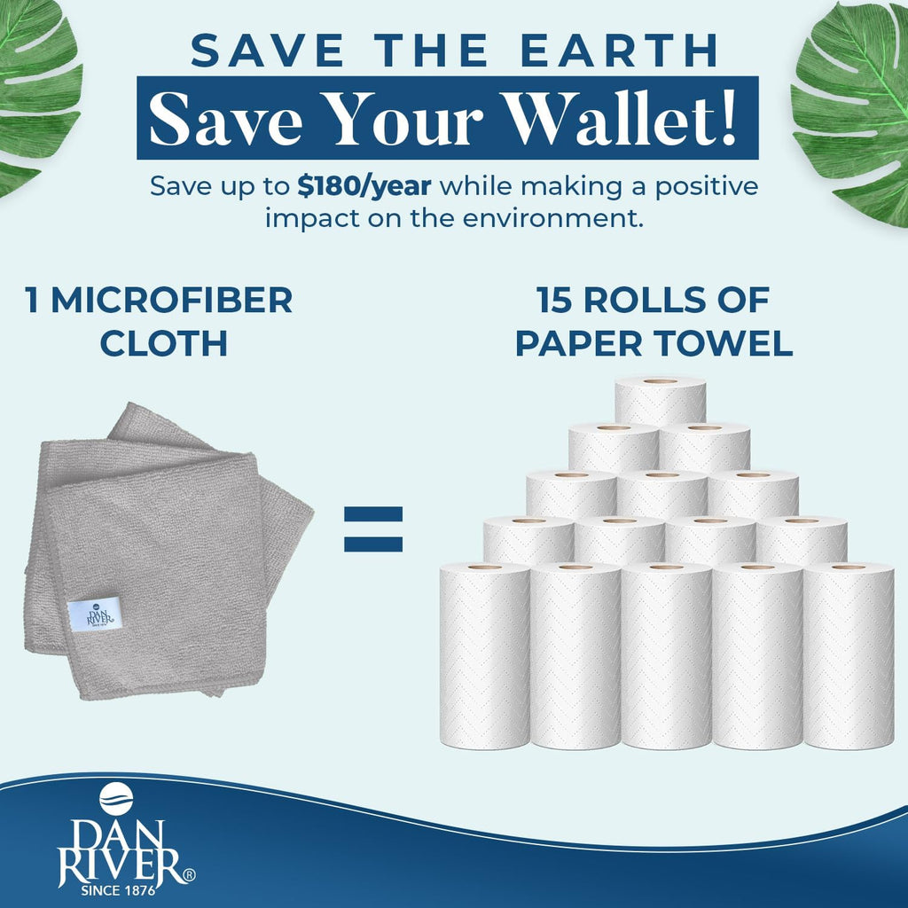 DAN RIVER 12-Pack Gray Microfiber Towels – Ultra Absorbent, Lint-Free & Streak-Free Rags for Home, Car & Kitchen - Must-Have Cleaning Essentials - 12" x 12"