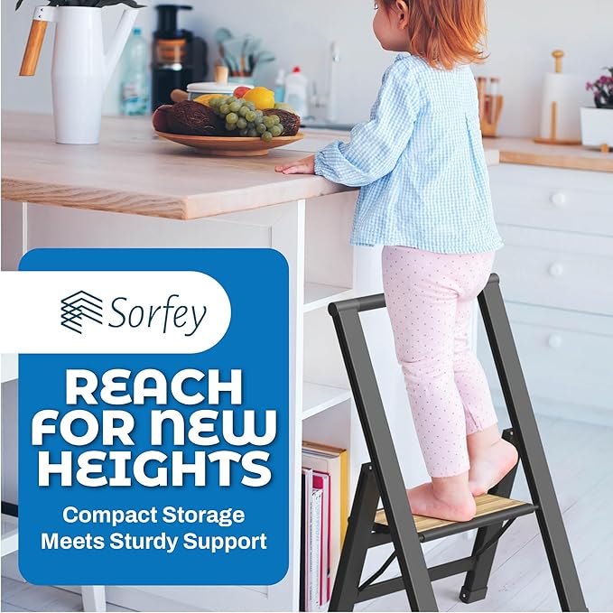 Step Ladder 1 Step Folding, Decorative - Beautiful Bamboo & Black Aluminum, Ultra Slim Profile, Anti Slip Steps, Sturdy-Portable for Home, Office, Kitchen, Photography Use,by SORFEY