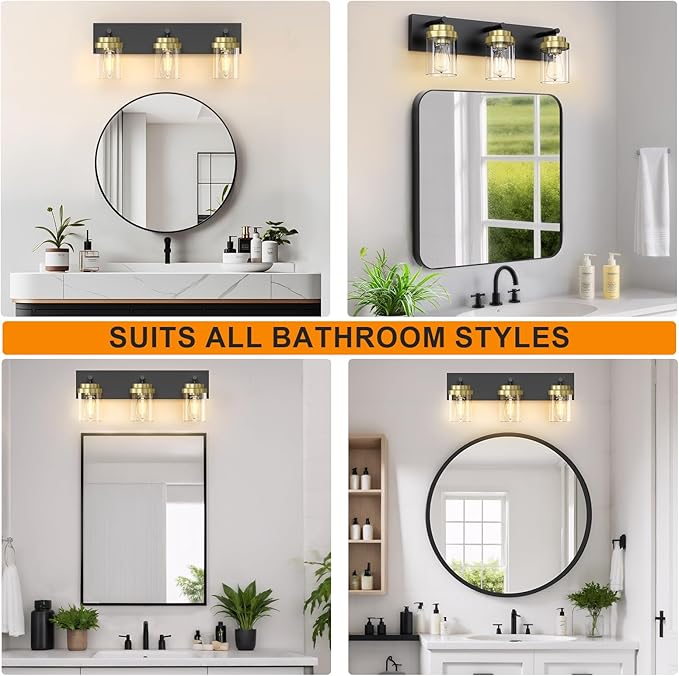 IZORRO Bathroom Vanity Light Fixture, 3-Light 22 Inch Black and Gold Bathroom Light Fixtures Over Mirror, with Clear Glass Shade, Modern Farmhouse Vanity Lights, Rustic Restroom Lighting Fixtures