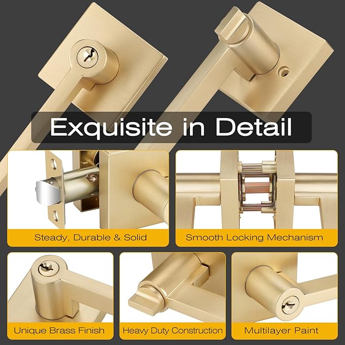 EHOMEWARE 2 Pcs Satin Brass Door Handles, Interior/Exterior Door Knobs with Lock and Key, Gold Entry Door Levers for Bedroom Bathroom or Front Doors, Heavy Duty Modern Door Hardware