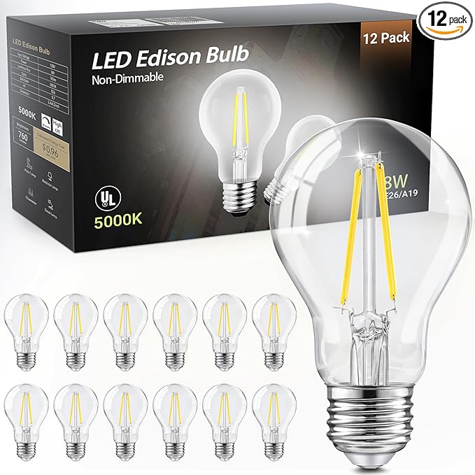 TJOY 12 Pack A19 Vintage LED Edison Bulbs, Non-Dimmable, 60W Equivalent, High Brightness 5000K Daylight White, 8W E26 Standard Base, 760 Lumens, CRI80+, Clear Glass Filament Bulb for Home, Farmhouse