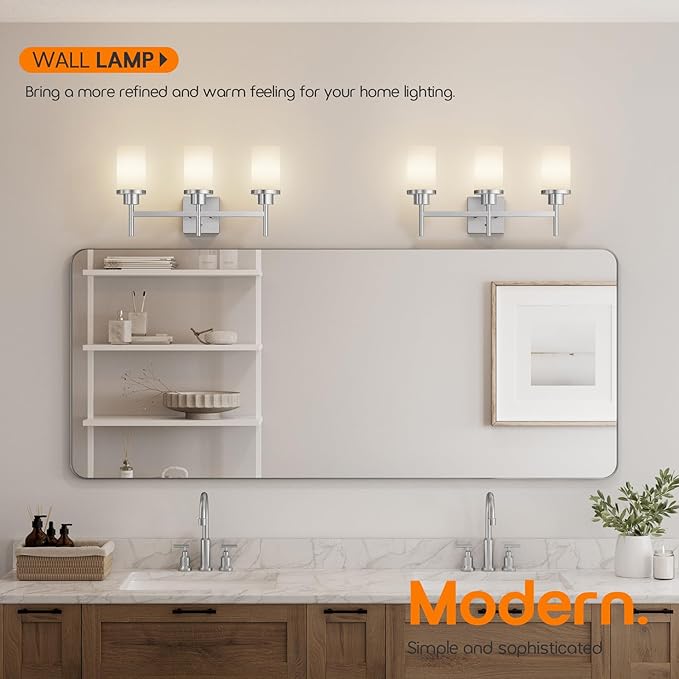 Bathrom Light Fixtures Brushed Nickel 3-Light with White Frosted Glass Shade, Modern Wall Lamps Over Mirror for Bath Washroom Living Room T001BR-L3