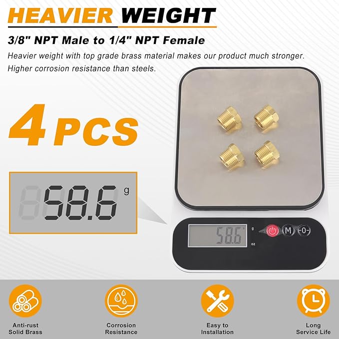 KOOTANS 4pcs Heavy Duty 3/8 NPT Male Thread to 1/4 NPT Female Thread Brass Reducer Hex Bushing Brass Fitting Pipe Hose Tube Adapter Convert