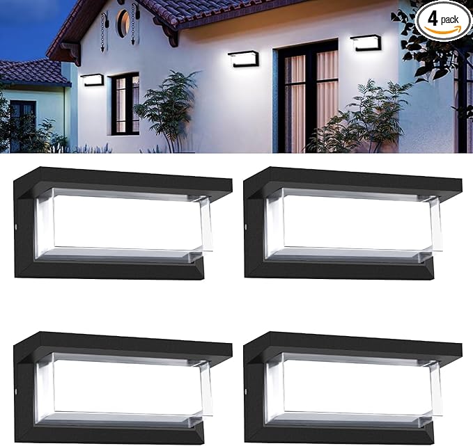 4 Pack 6000K Outdoor Porch Lights, 18W 1800LM LED Wall Lighting, IP65 Waterproof Rustproof Aluminum Modern Exterior Fixtures for Front Door, Patio, Backyard
