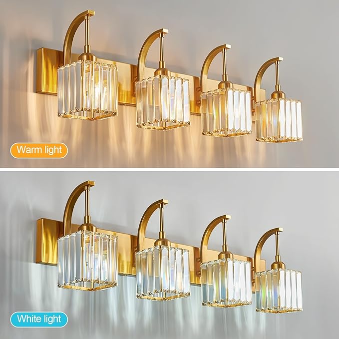 Crystal Vanity Lights 4-Light Gold Bathroom Vanity Lights Modern Crystal Bathroom Light Fixtures Over Mirror 32.67" Long Vanity Light for Bathroom
