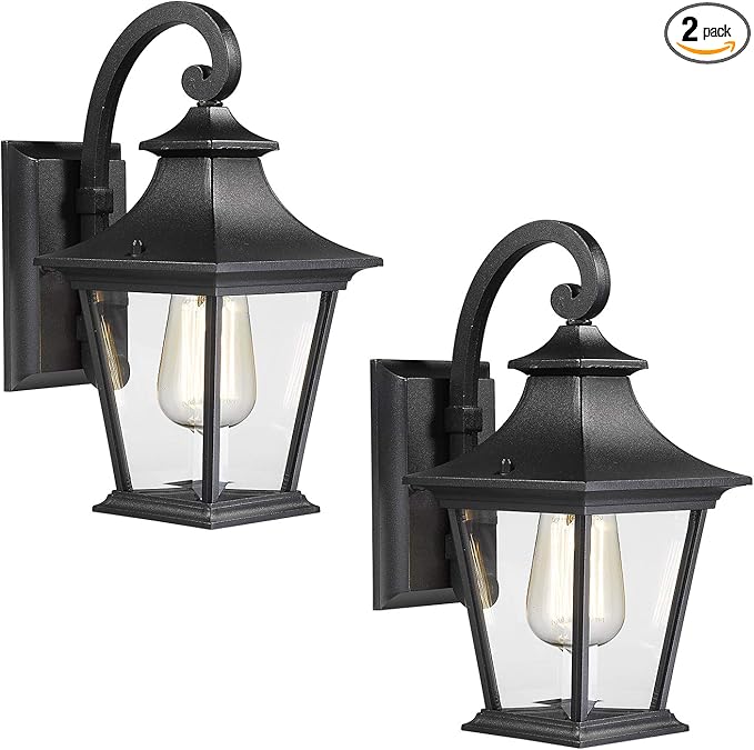 Emliviar Outdoor Wall Lights 2 Pack - Exterior Porch Lights Wall Mount in Black Finish with Clear Glass, XE219B-2PK BK