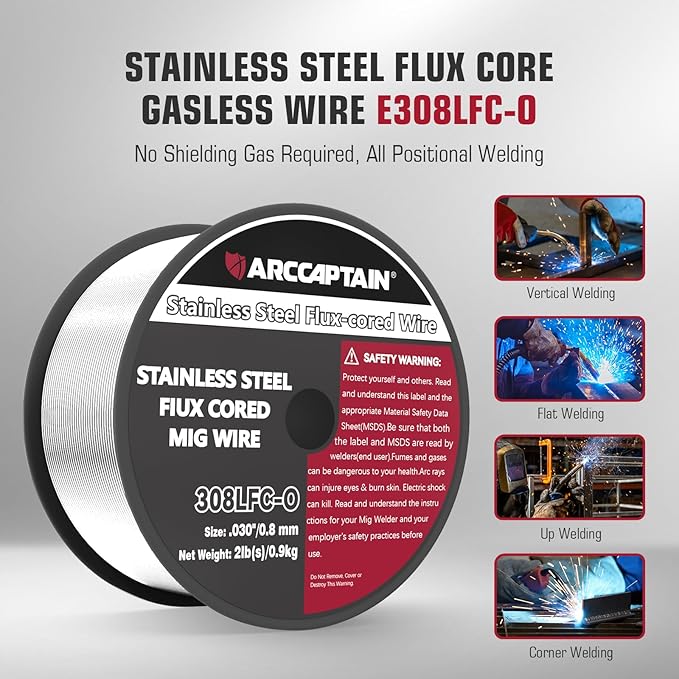 ARCCAPTAIN Stainless Steel Flux Cored Wire E308LFC-O .030-Diameter MIG Welding Wire Stainless Steel Wire with Low Splatter Compatible With Lincoln Miller Forney Harbor MIG Welder 2-Pound