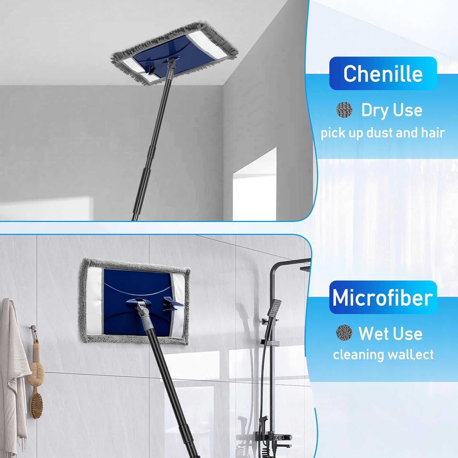 Wall Cleaner Mop with Long Handle, Extra Wall Dust Mop for Washing Walls with 2 Microfiber Reusable Pads,Floor Dry Wet Duster Mops for Wall Washer, Floor,Ceiling Cleaning，Blue