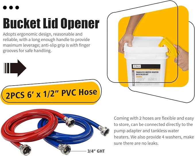 Tankless Water Heater Flushing Kit Includes 1/6HP Submersible Sump Pump with Two Adapters & 3 Gallons Pail with Bucket Lid Opener & Two 1/2” Dia X 6’ PVC Hoses with Washers