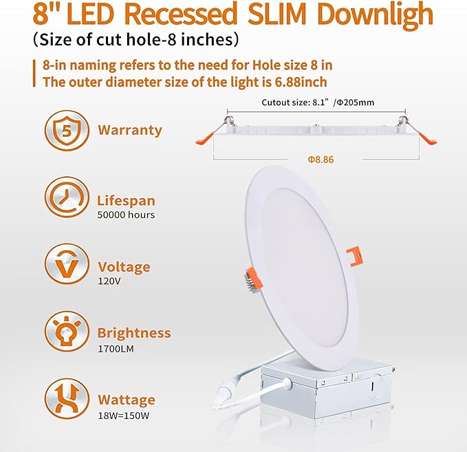 8 Inch LED Recessed Light,18W 6000k Daylight,No Dimmable,6Pack Ultra Thin LED Recessed Lighting with Junction Box. 8" Recessed Ceiling Wafer Canless Fixtures .Slim Can-Killer Lights,CRl90+