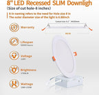 8 Inch LED Recessed Light,18W 6000k Daylight,No Dimmable,6Pack Ultra Thin LED Recessed Lighting with Junction Box. 8" Recessed Ceiling Wafer Canless Fixtures .Slim Can-Killer Lights,CRl90+