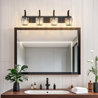 Modern Bathroom Vanity Light, 4-Light Black Wall Sconce with Crystal Accents, Over Mirror Bathroom Lighting Fixture, 32.67" Long Dimmable Vanity Lamp for Makeup, Easy Installation