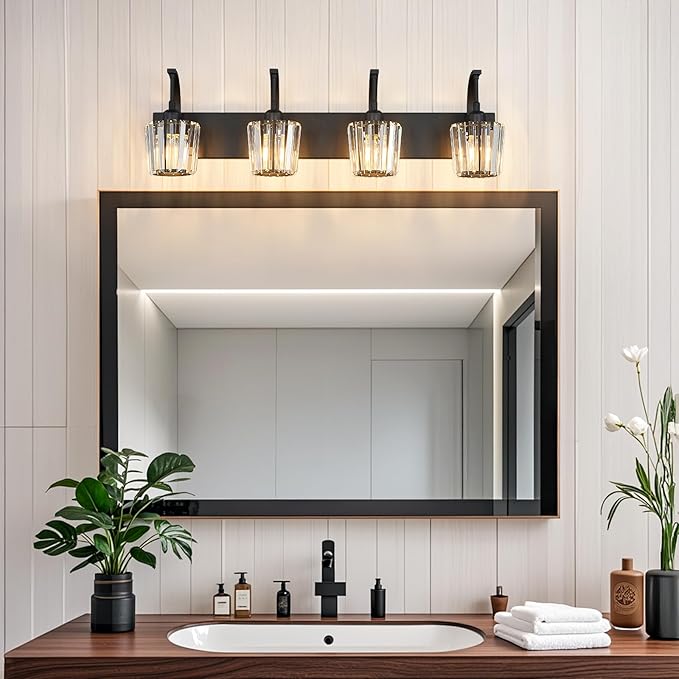 Modern Bathroom Vanity Light, 4-Light Black Wall Sconce with Crystal Accents, Over Mirror Bathroom Lighting Fixture, 32.67" Long Dimmable Vanity Lamp for Makeup, Easy Installation