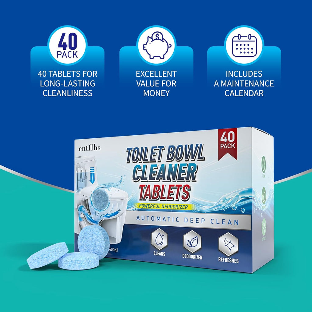 Toilet Bowl Cleaner Tablets 40 Pack, Long-Lasting Drop-in Tank Tablets with Sustained-Release Technology, Fight Tough Stains & Odors, Household & Commercial Use, Compatible with Most Toilets-Automatic