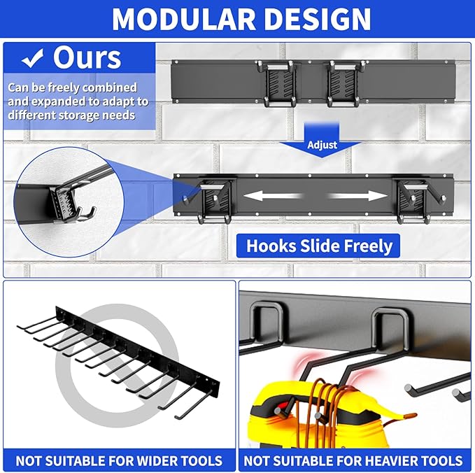 Garage Tool Organizer Wall Mount, 48inch Heavy Duty Garden Tool organizer Storage System, Easy Install With 6 Adjustable Bilayer Hooks, For Garage, Basement, Shed, Workshop(Black)