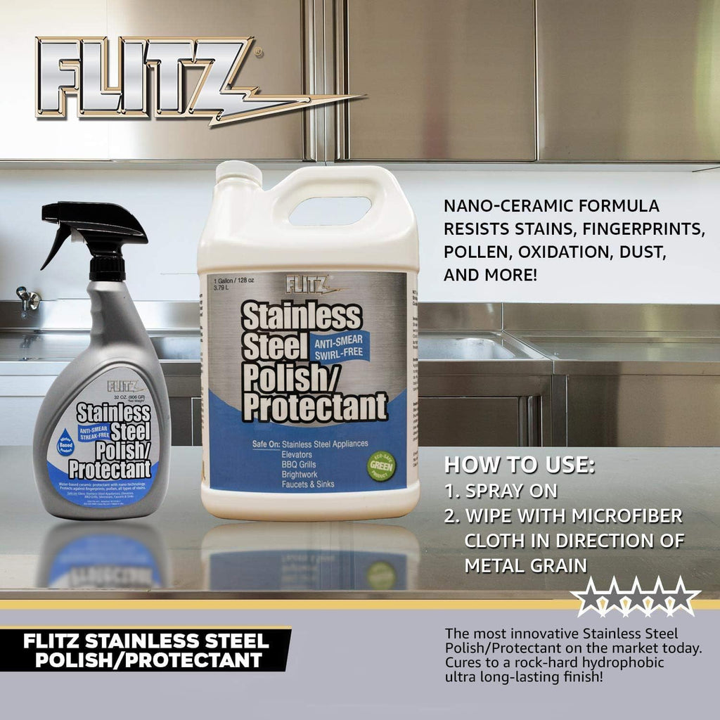 Flitz Stainless Steel Polish Protectant - 32oz Bottle, USA-Made Ceramic Coating for Stainless Steel Appliances, Repels Fingerprints & Water Spots - Aluminum & Chrome Polish & Protectant (1 Pack)