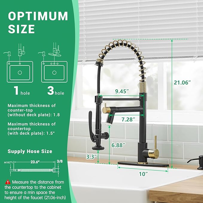 Fapully Commercial Kitchen Faucets with Pull Down Sprayer Matte Black&Gold LED Kitchen Faucet with Soap Dispenser and Deck Plack for 4 Hole, Single Handle Faucet for Kitchen Sink