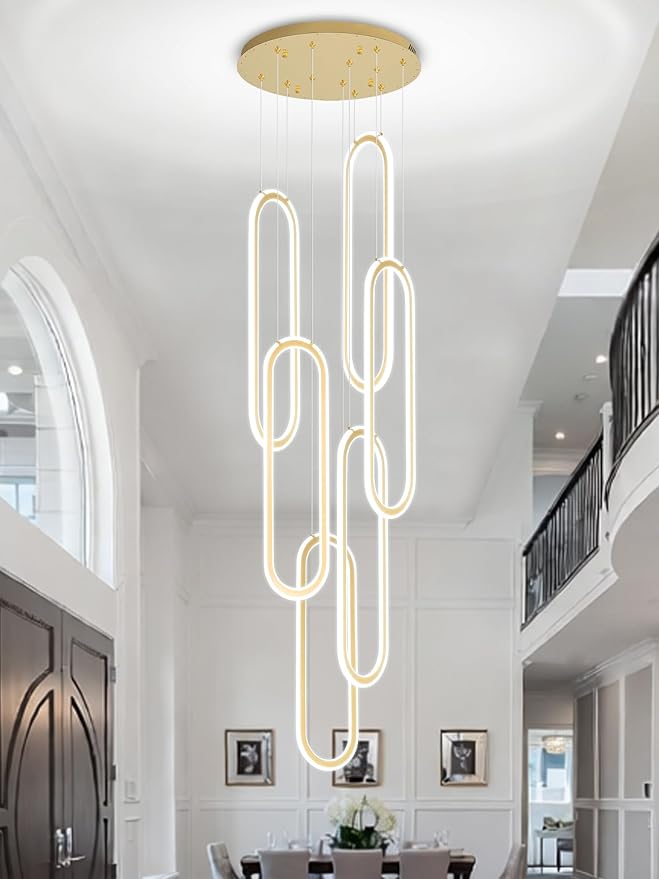 Flashing God H118 Modern Chandelier 6-Rings Contemporary Chandelier for High Ceiling Led Dimmable Large Pendant Lighting Gold Ring Chandeliers for Villa Foyer Entrance Living Room