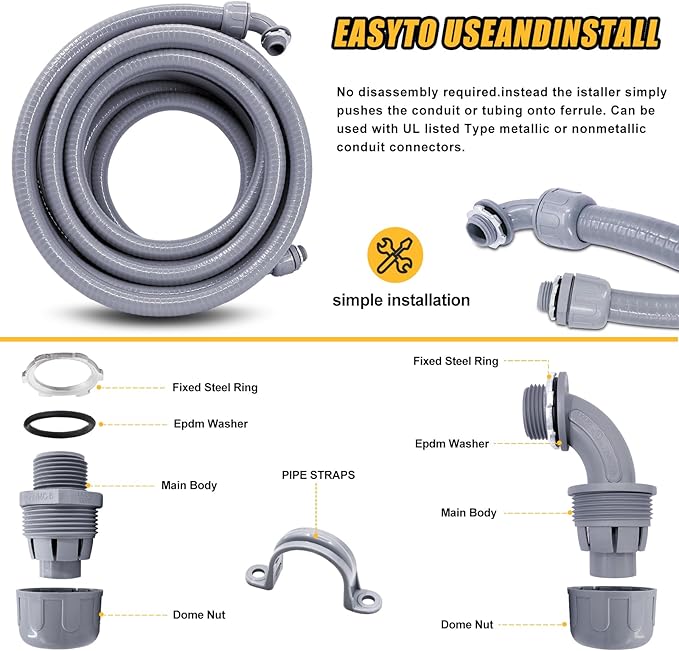 1/2 inch 150 Foot Liquid-Tight Conduit and Connector Kit, Flexible Non Metallic Electrical Conduit, With 10 Straight and 10 Angle Fittings and Pipe Strap