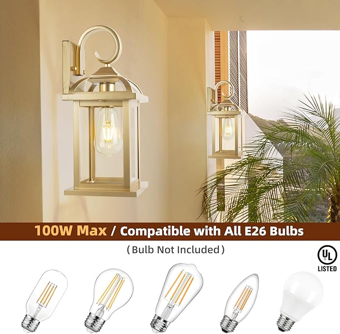 Gold Outdoor Wall Lights 2-Pack 15 Inch, Aluminum Anti-Rust Large Exterior Porch Wall Lanterns with IP65 Waterproof Clear Glass Brass Outdoor Lights Wall Mount Exterior Lights for House