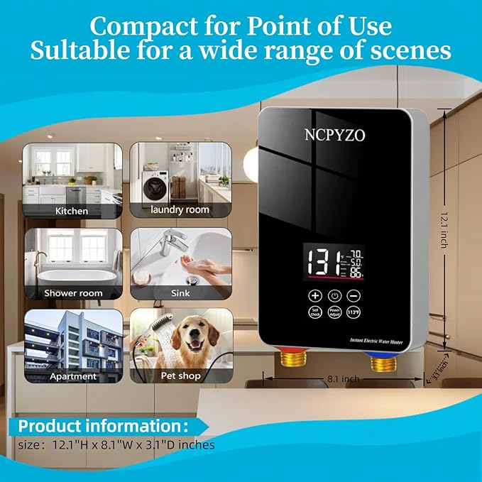 Tankless Water Heater Electric 240V-7000W. Instant Water Heater for Kitchen、Bathroom、Under Sink.On Demand Hot Water Heaters Electric with Digital Display.Continuous Flow Point of Use On Demand Heating