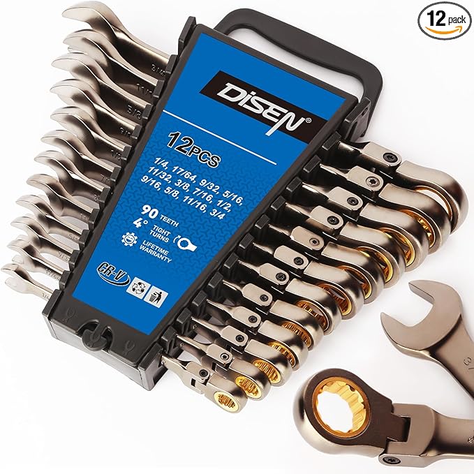 DISEN 12 Pcs Flex Head Ratcheting Wrench Set 90 Teeth, Combination Ratchet Wrenches Set SAE1/4 to 3/4", Cr-V Steel, 12-Point, Nickel Plating with Organizer Rack Visit the Store