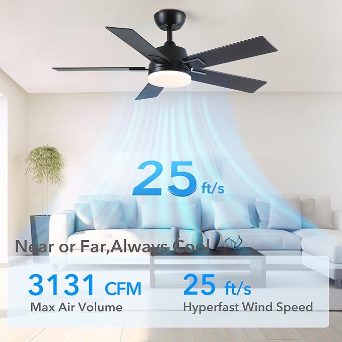 42 Inch Ceiling Fans with Lights and Remote, Black Ceiling Fan with 5 Blades, 6 Speed Reversible DC Motor, 3CCT Dimmable LED, Modern Design for Bedroom, Living room & Covered Outdoor,Includes Downrod