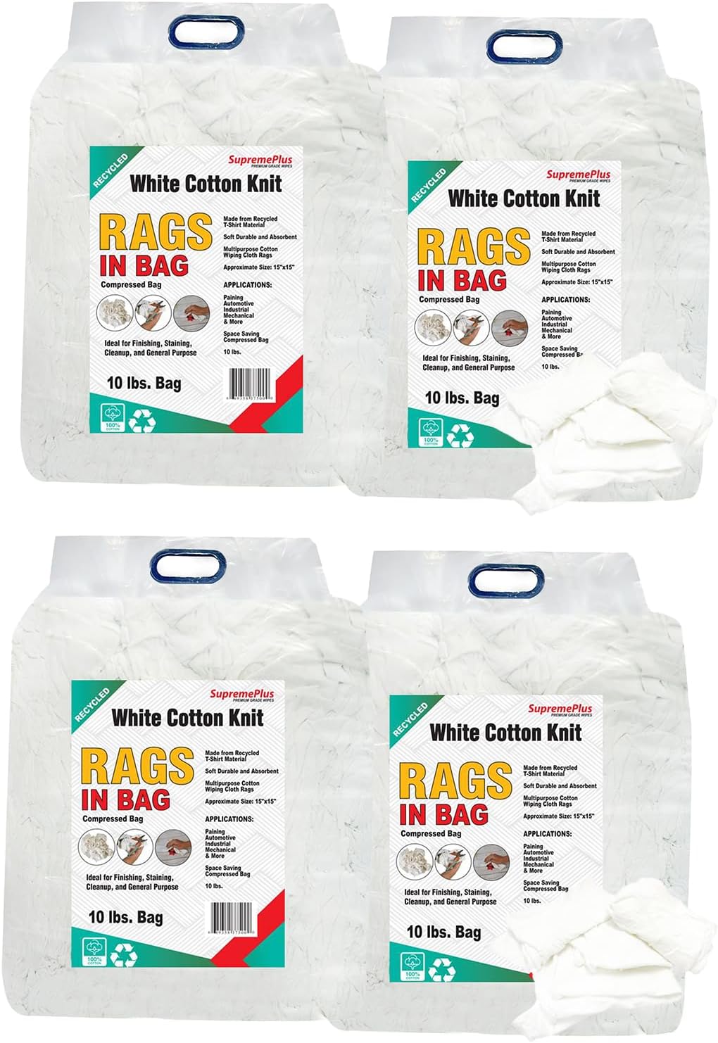 Recycled White T-Shirt Cleaning Cloths (10 lbs. Bag - Pack of 4) – Shop Rags Bulk for Oil, Stain, Grease, Paint, and Auto Cleaning, Multipurpose White Cotton Rags