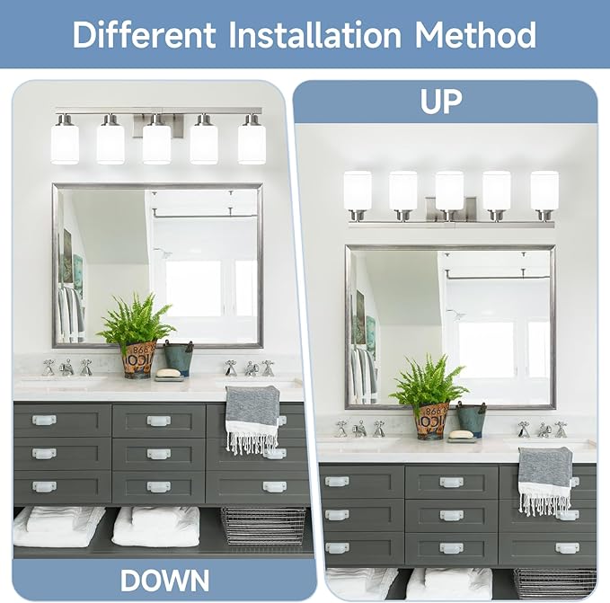 5-Light Bathroom Vanity Light,Brushed Nickel Vanity Lights with Square Frosted Glass,Modern Bathroom Wall Lights Fixtures Over Mirror,Wall Sconces Lighting for Bedroom Living Room,E26