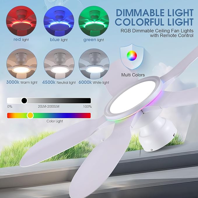 52 Inch Ceiling Fans with Lights and Remote/APP Control, Low Profile Ceiling Fans with Dimmable White + RGB Ring Lights, 6 Speeds 5 Curved Blades for Kids Room Bedroom Bar, White