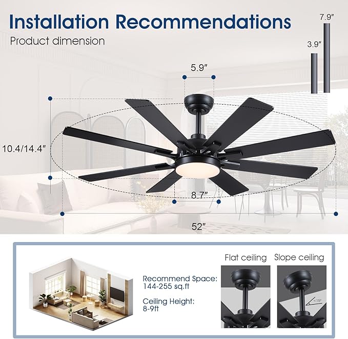 52 Inch Ceiling Fans with Lights and Remote/APP Control, Modern Ceiling Fan for Bedroom Living Room Patio Porch Indoor Outdoor, 6 Speeds, Reversible Quiet Motor, 8 Wood Blades, Black